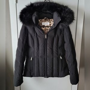 Calvin Klein black down jacket faux fur hood